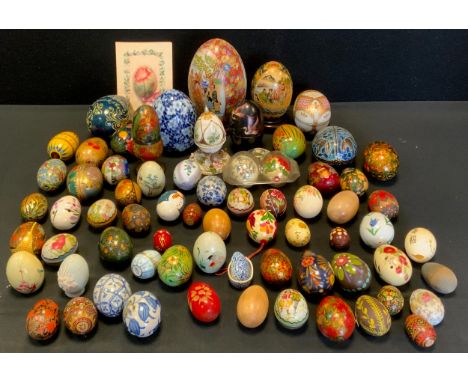 Decorative eggs - (mostly mid century)cloisonné, Chinese export, hand painted wood, lacquered, paper-Mache, blue and white ce