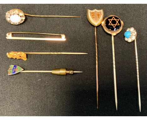 Jewellery  - a Victorian Shield topped tie pin,  others raw gold nugget , Star of David etc all unmarked 