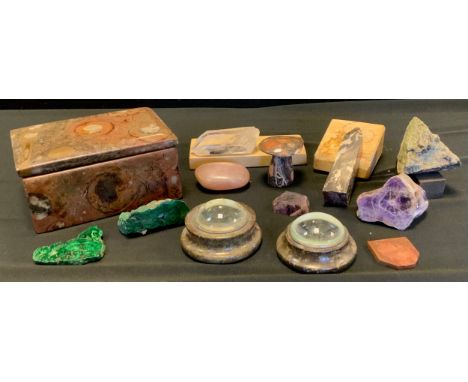 Natural History - a rectangular ammonite fossil trinket box and cover;  stone Specimens inc Malachite. Amethyst, Blue John,  