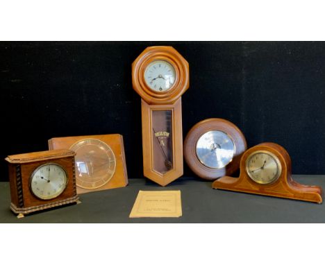 Clocks - An Edwardian inlaid mahogany mantle clock;  Highlands 31 day chiming wall clock;  barometer etc (5) 