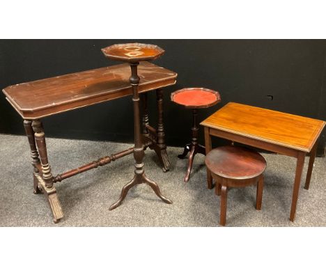 A Victorian mahogany hall table, canted rectangular top, turned supports and stretcher, ceramic casters, 69cm high x 89cm x 4