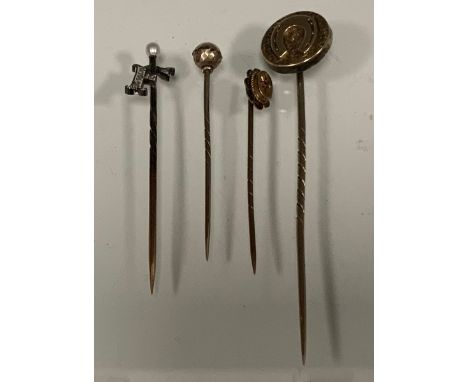A rose cut diamond accented letter F tie pin, seed pearl finial, unmarked;  others Horse Shoe, ball, oval tipped, part indist