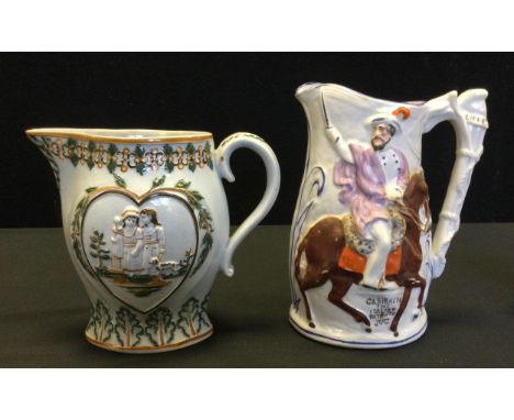 A Prattware relief moulded ‘Sportive, innocence, mischievous, sport’ jug,17.5cm ; Staffordshire Garibaldi the Italian patriot