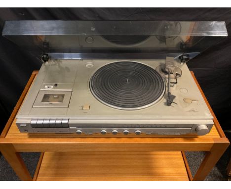 A Hitachi model SDT-196 DC Servo automatic turntable / record player; with mid century teak stereo table. 