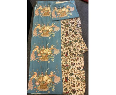 Textiles - a pair of vintage lined curtains, in soft blue, with birds amongst flowering branches, blue ground, 191cm drop, 11