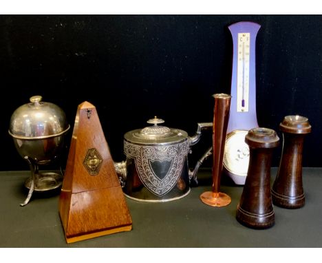 Boxes and Objects - A pair of turned oak candlesticks; a four egg holder on stand; Metronome; copper bud vase; etc 