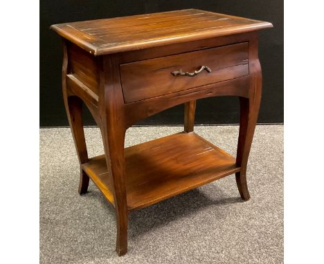 A contemporary walnut hall table, over-sailing top, single drawer to frieze, serpentine legs, single shelf to base, 75.5cm hi