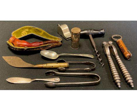 Boxes and Objects - A meerschaum pipe as a hand, corkscrew, war time crafted knife, Adie bros Birmingham, whistle,c.1941; etc