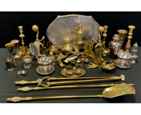 Metal ware - Brass and silver plated including galleried tray, pair of sundae dishes, a Daniel and Arter cocktail shaker; pai