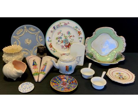 Ceramics - a Pair of faience wall pockets, c.1920; Wedgwood jasperware plate; Poole conch shell bowl; Victorian dishes; etc 