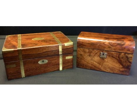 A Victorian burr walnut dome-top tea caddy, hinged lid enclosing pair of lidded compartments, (later oak lids), 15cm high x 2