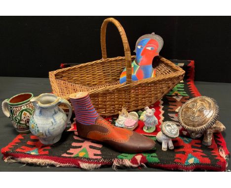 A Studio pottery ewer by Roger Cochram;  vintage wooden shoe last painted as a wingtip shoe;  Fauvist style painted violin ba