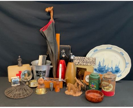 Boxes and Objects - Fabrica de Tabacos Habana glass cigar container; treen bowl and apple; tin boxes; French bull dog umbrell