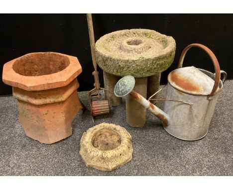 Garden stone and statuary - a Victorian terracotta octagonal  chimney pot, 33cm high x 32cm wide;  a stone bird bath or fount