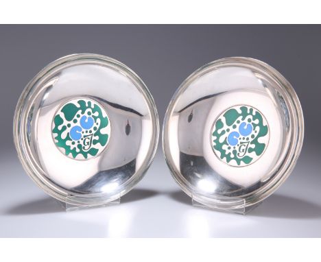 GEORG JENSEN
A RARE PAIR OF DANISH SILVER AND ENAMEL BOWLS,&nbsp;post 1945 marks, designed by Henning Koppel, facsimile signa