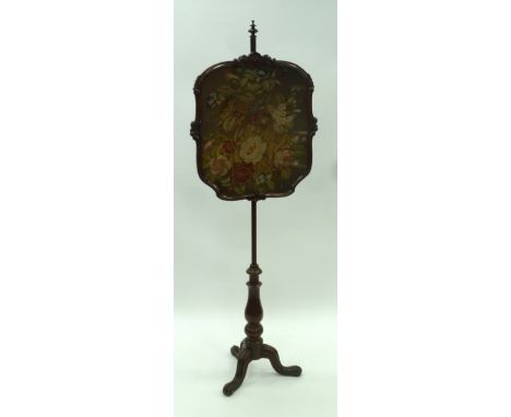 VICTORIAN TURNED MAHOGANY POLE SCREEN, if typical form with moulded tripod supports and baluster turned column, supporting a 