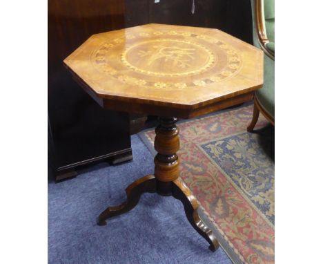 LATE 19th CENTURY SWISS INLAID WALNUTWOOD TRIPOD OCCASIONAL TABLE, the octagonal top with marquetry and parquetry inlay depic