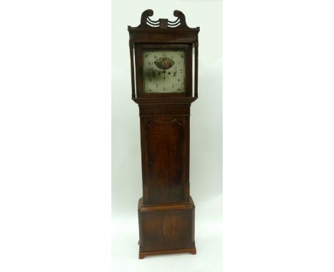 EARLY NINETEENTH CENTURY OAK AND CROSSBANDED MAHOGANY LONGCASE CLOCK, with Halifax moonphase, the 14" painted Arabic dial wit