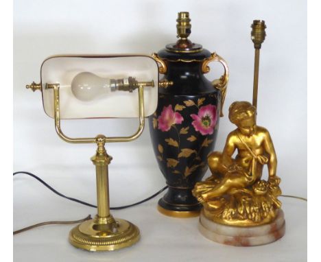 REPRODUCTION GILT METAL DESK LAMP with tilting yellow glass shade and circular base, 14 1/2" (36.8cm) high, TOGETHER WITH A G