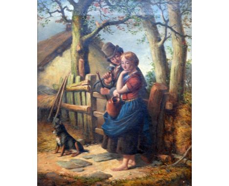 NINETEENTH CENTURY ENGLISH SCHOOL OIL PAINTING ON CANVAS Man and woman by a gate with a dog 13" x 10 1/4" (33cm x 26cm)  indi