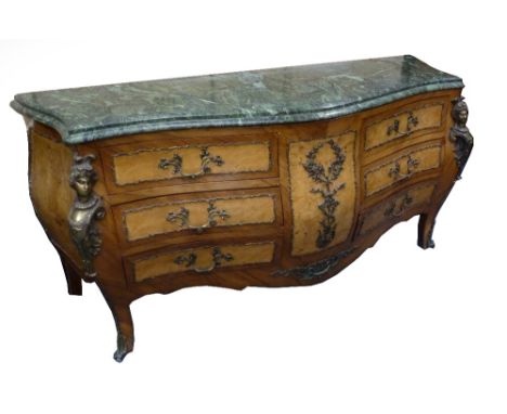 LARGE MODERN FRENCH STYLE BOMBE FRONTED SIDEBOARD/ COMMODE, with variegated green marble top gilt mounts. Height 89cm, Length