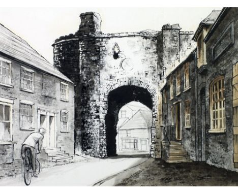 WILLIS MONOCHROME PEN AND WASH DRAWING "The Lane Gate, Rye" Signed 14" x 18" (35.5cm x 45.7cm) Exhibited 1967