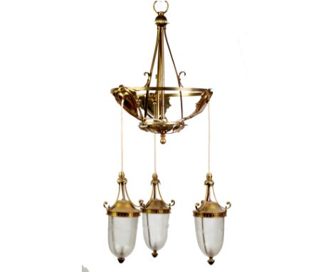 SET OF FOUR ARTS AND CRAFTS BRASS, FROSTED AND ETCHED GLASS THREE LIGHT ELECTROLIERS, each with pendant beaker shaped shades 