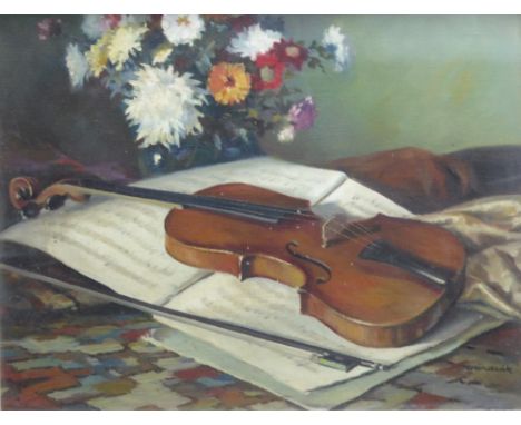 FERENC VARKEAK (1897-1971, HUNGARIAN)  OIL PAINTING ON CANVAS  Violin and bow on sheet music Signed  20" x 24" (50.8cm x 61cm