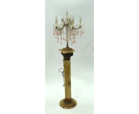 TWENTIETH CENTURY FIVE BRANCH SIX LIGHT CUT GLASS TABLE LAMP, with scroll arms, dished drop pans and pink tinted and prism cu