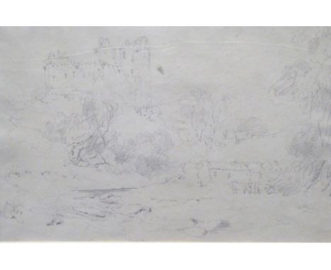 UNATTRIBUTED NINETEENTH CENTURY BRITISH SCHOOL PLEIN AIR PENCIL SKETCH Landscape with castle unsigned 10" x 15" (25.4cm x 38.