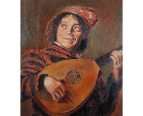 T. LEIGH (TWENTIETH CENTURY) OIL PAINTING Half length portrait of a Lute player  Signed and indistinctly dated verso  12 1/2"