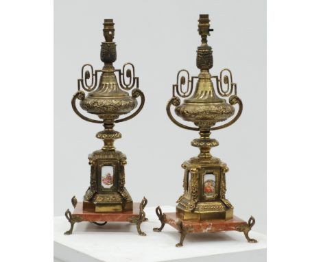 PAIR OF FRENCH CERAMIC MOUNTED GILT METAL TABLE LAMPS, each of fancy two handled urn form with colour printed romantic  scene