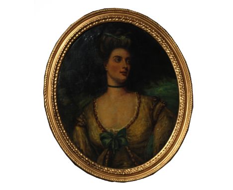 LATE NINETEENTH CENTURY OVAL OIL PAINTING ON RE-LINED CANVAS  Half length portrait of a Victorian Lady in a gold coloured low