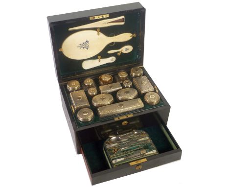 ASPREY MANUFACTURER TO HER MAJESTY, 166 BOND STREET WEST, LONDON MID-VICTORIAN EBONY TRAVEL BOX, with brass bound  edges and 