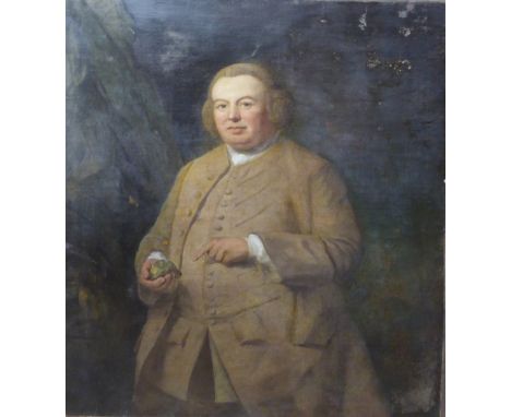 UNATTRIBUTED (NINETEENTH CENTURY, ENGLISH SCHOOL) OIL PAINTING ON RELINED CANVAS 3/4 length portrait of a gentleman holding a