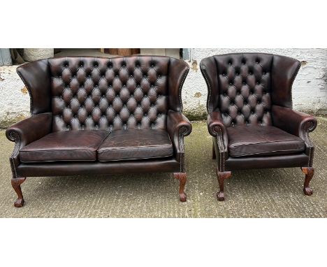 Two seater button back salon sofa and matching chair (H94cm W134cm D67cm)