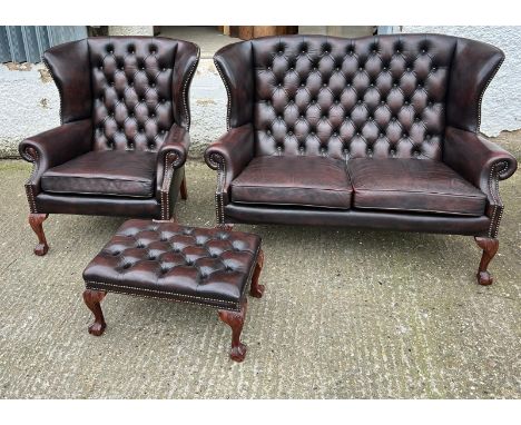 Two seater button back salon sofa and matching chair and foot stool (H94cm W134cm D67cm)