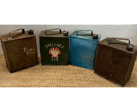 Four vintage fuel cans to include Shell-Mex, Esso ad Shell Aviation Spirit 