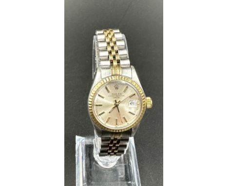 Vintage Rolex lady date steel and 18ct gold wristwatch. 26mm case. Jubilee strap. Automatic movement. Baton dial. Plexi glass