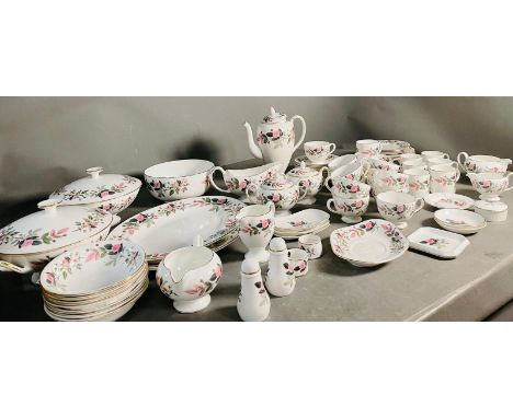 A large selection of Wedgwood Hathaway Rose pattern dinner service, 7 bowls, 7 coffee cups and saucers, salt and pepper pot, 