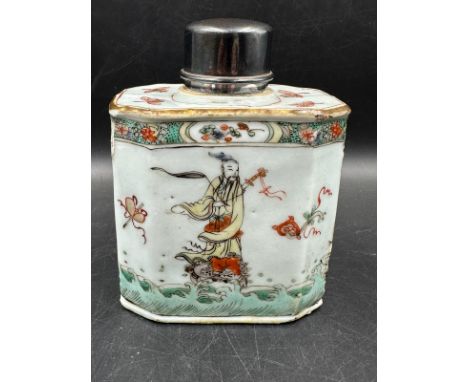 An 19th Century Chinese famille Vert tea caddy with silver Hallmarked lid and collar 