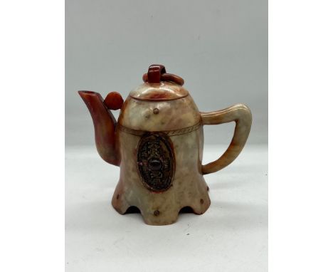 A jade teapot with ring pull handles to lid (H18cm)