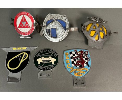 Automobilia: A selection of six car badges to include Brooklands, Institute of Advanced Drivers, AA, British Automobile Racin