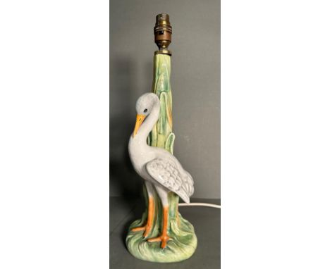 An Art Nouveau style ceramic table lamp of a heron in the reeds (H42cm)