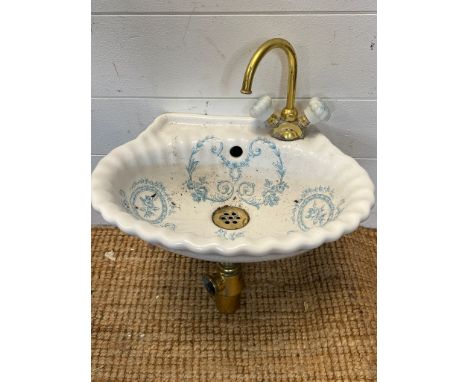 A French porcelain hung clock room basin with blue floral decoration (37cm x 30cm  