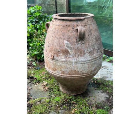 A large olive pitcher terracotta urn with three handles (H83cm Dia39cm)Condition Report weathered, no base/bottom&nbsp;