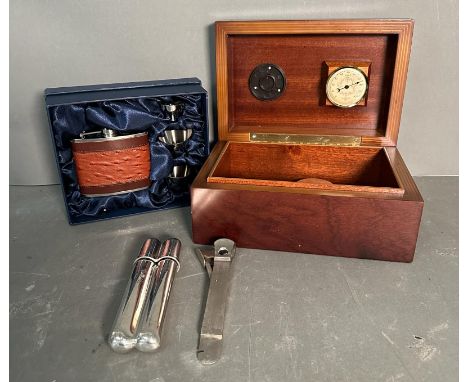 A gentleman's companion set to include Humidor cigar cutter and case and hip flask 