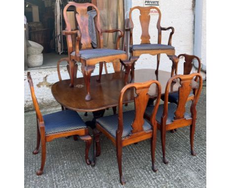 A mahogany dining table with twin pedestal and eight chairs (H75cm W183cm D112cm with three leaves 27cm & 34cm & 61cm) Condit