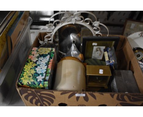 A variety of items including vintage tin boxes, earthenware storage jar and mirrors etc