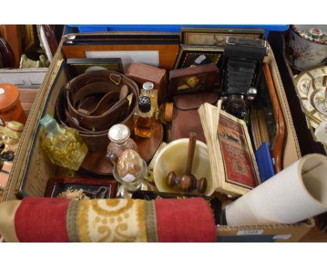 A nice selection of items including perfume bottles, lacquered and oriental style boxes, vintage fabric ordnance survey map, 